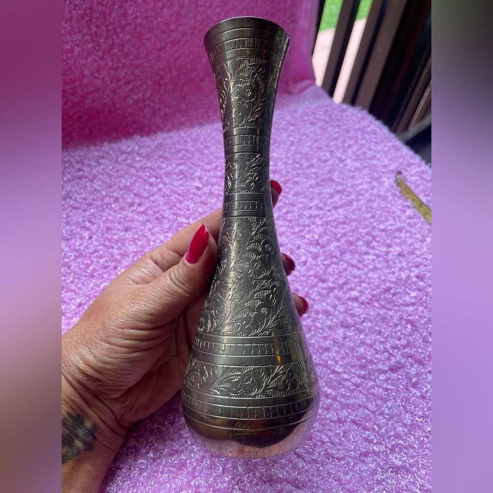 Vintage brass etched vase